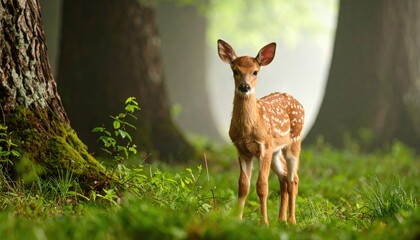 Forest Fawn's Serene Stance: A charming fawn stands gracefully amidst a verdant forest, its soft eyes meeting the viewer's gaze in a serene moment of natural beauty and tranquility.