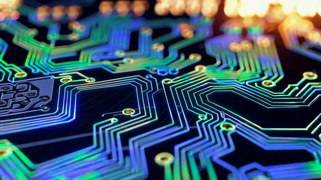 background of a shiny glowing circuit board with intricate patterns of light, representing technology and innovation