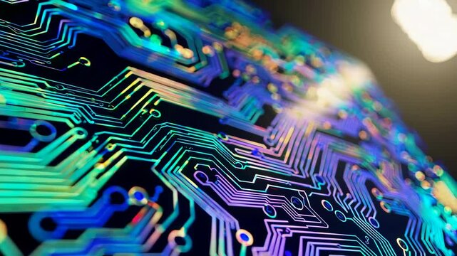 background of a shiny glowing circuit board with intricate patterns of light, representing technology and innovation