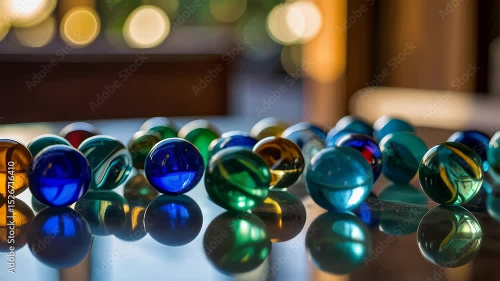 Poster arrangement of iridescent marbles creating a colorful display on a glass table with soft bokeh in ba