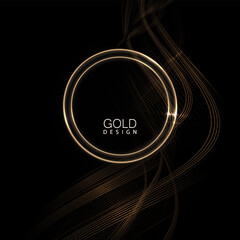 An exquisite round frame with wavy ribbons in gold tones, isolated elements on a black background.
