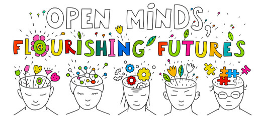 Bright vector illustration of open minds blooming with different ideas.