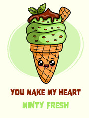 Cute mint ice cream poster. Kawaii style dessert vector Illustration.