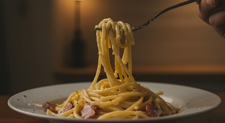 Creamy Spaghetti with Meat: A fork lifts a swirl of pasta from a plate, bathed in warm, inviting light.