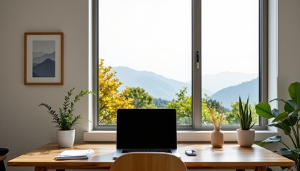 Fototapeta premium Serene Home Office Workspace with Mountain View Laptop and Plants