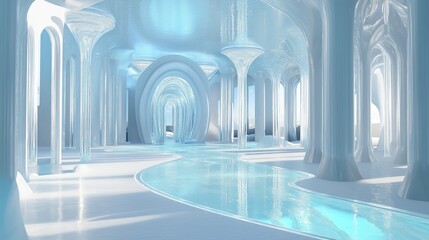 Futuristic ice palace interior with flowing light blue liquid pathway.