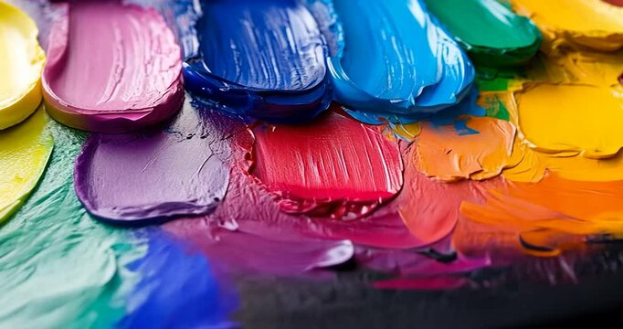 Detailed close-up of colorful paint smudges, vibrant hues creating a palette of abstract art. Showing paint texture, brushstrokes, and vibrant colors. The image is showing a creative texture in a