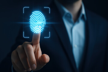 A secure authentication process is highlighted by a business professional using a futuristic fingerprint scan technology in a formal setting