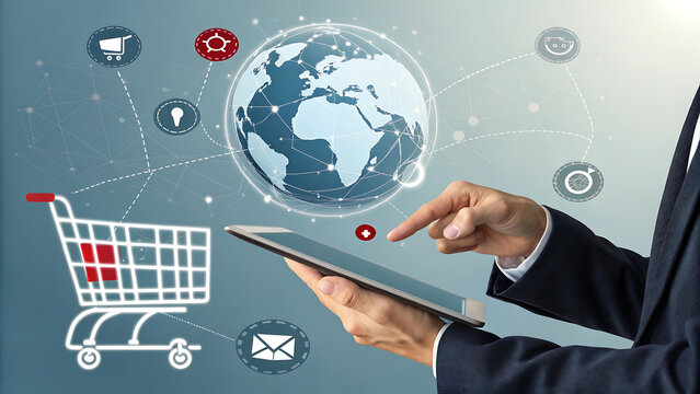 Businessman shopping online with a tablet and global network connection for e-commerce
