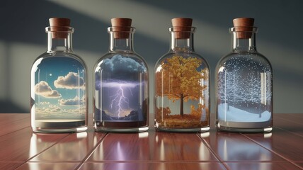 Seasons in bottles, spring, summer, autumn, and winter concept.