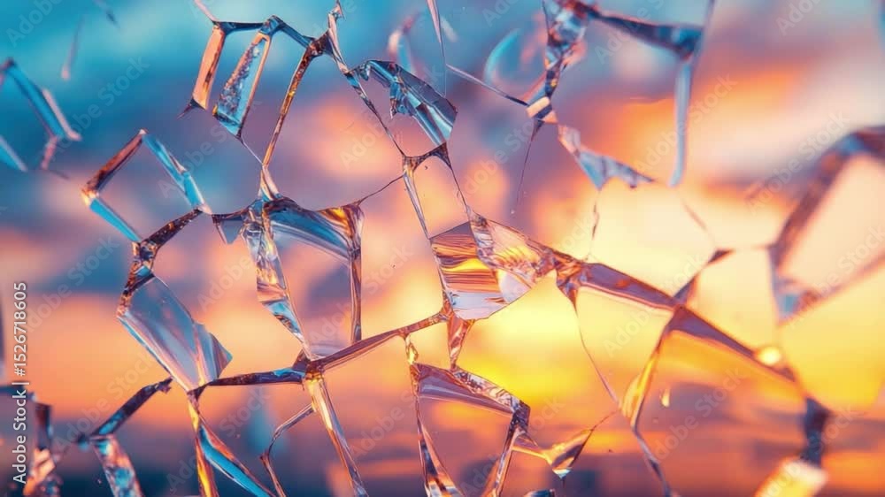 Poster shattered glass reflection with colorful sunset background creating abstract art and light play in v