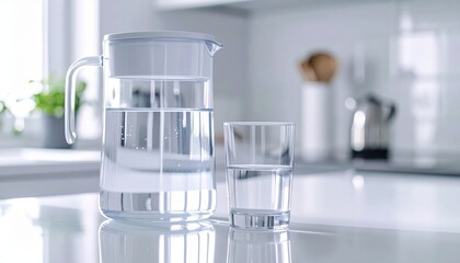 Pure Refreshment: A sleek, modern glass water pitcher and glass filled with refreshing water, perfectly placed on a clean, contemporary kitchen surface. A visual promise of hydration and health.