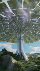 Solar tree with panels, clean energy concept, futuristic design.