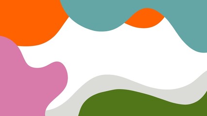 Simple abstract background featuring flowing organic shapes in green, orange, pink, teal, white, and gray colors with a flat minimalist design
