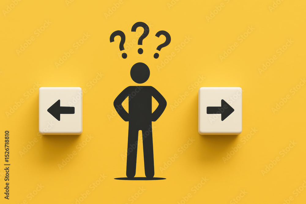 Poster a concept decision-making and uncertainty is symbolized by directional arrows and a figure pondering