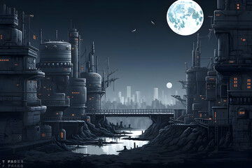 Futuristic City Nightscape Pixel Art