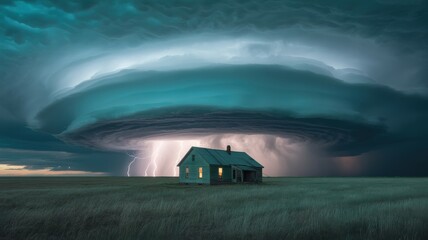 House in a field under a stormy sky with lightning