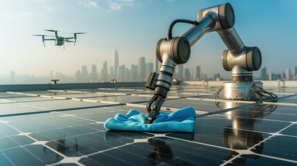 Robot arm cleaning solar panel with drone and city skyline.