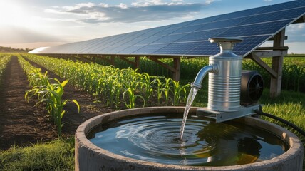 Solar panels and water pump in a field, sustainable energy concept.