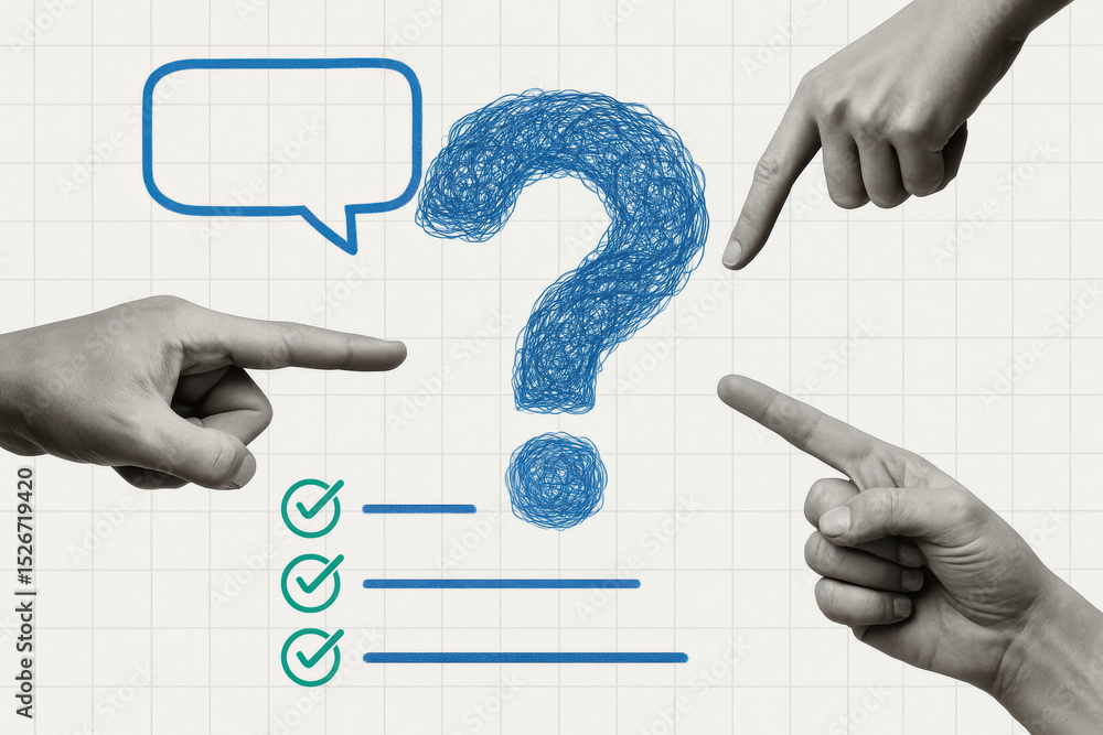 Poster in a collaborative workspace multiple hands point to a large blue question mark symbolizing inquiry 