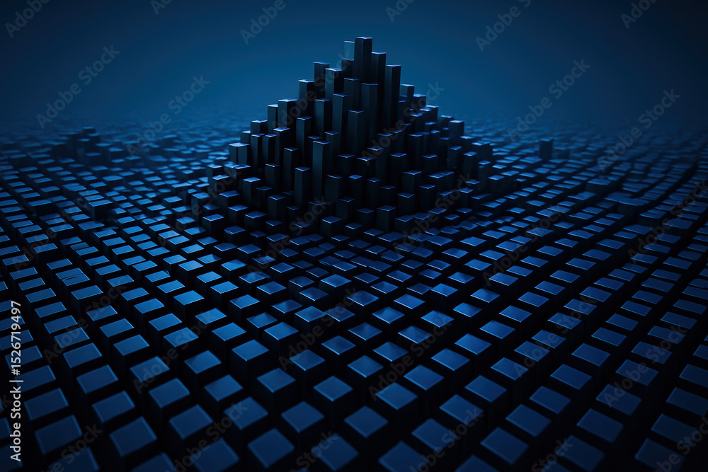 Poster the depicts growth and structure through a dynamic arrangement three-dimensional blocks forming a ra