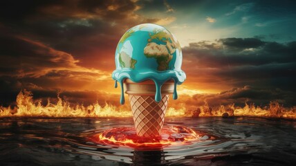 Melting Earth globe ice cream cone, climate change concept.