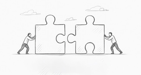 The depicts collaboration and alignment as two individuals push large puzzle pieces together symbolizing problem-solving and partnership in business
