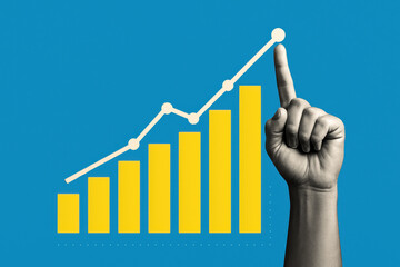 Progress and growth are illustrated by a pointing at a rising chart over yellow vertical bars symbolizing business success