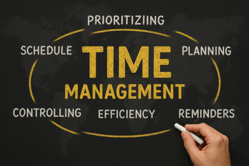 A chalkboard emphasizes organizing and prioritizing activities to maximize efficiency within effective time management strategies