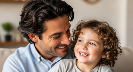 A happy father and son share a tender moment together