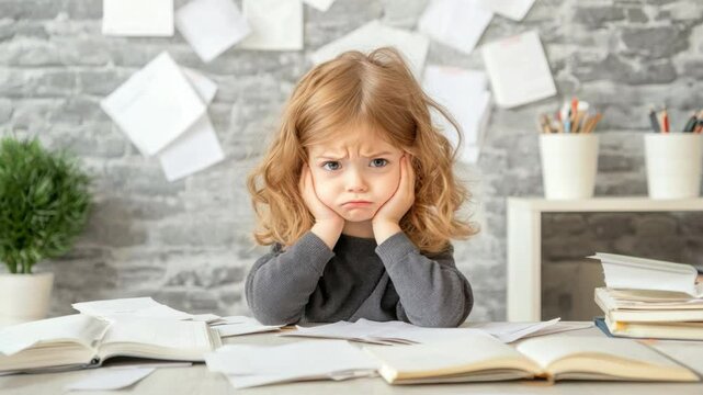 Frustrated Child with Education Struggles Surrounded by Books and Papers in a Bright Study Room 4k video footage