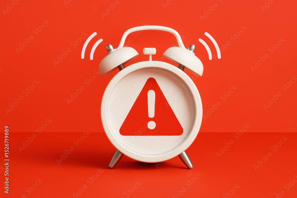 Poster a classic alarm clock on a red surface signals urgency with a triangular warning icon symbolizing ti