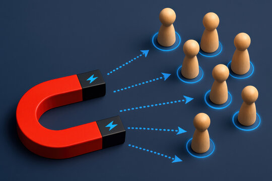 Attracting influence and engagement a red horseshoe magnet draws attention from a group wooden figures symbolizing connection and leadership in business