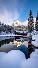 Snowy Mountain Cabin Reflection.