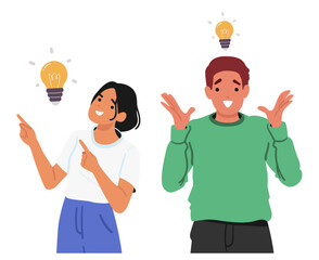 Happy smiling man and woman isolated cartoon characters feeling inspiration generating good idea