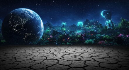 Fantasy landscape with planet earth and alien vegetation.