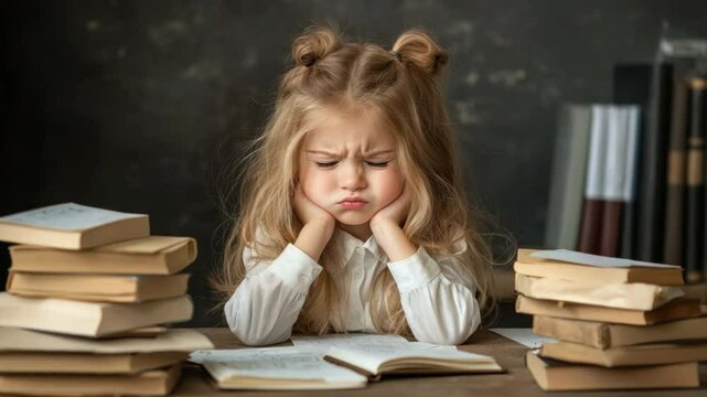 Young Girl Showing Disappointment While Studying Surrounded by Piles of Books in a Classroom Environment 4k video footage