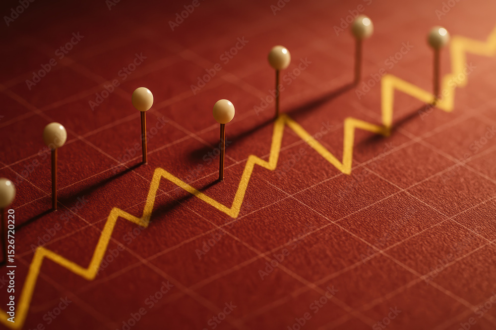 Aufkleber data trends and market fluctuations are depicted by pins marking key points along a red textured sur