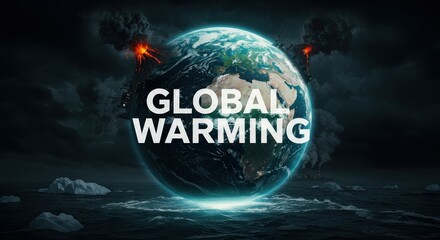 Global warming concept with planet Earth, volcanoes and icebergs.