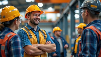 Confident Factory Foreman Engaging Team Industrial Workshop Teamwork Collaborative Environment