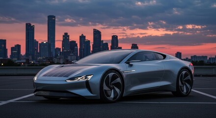 Modern electric car with solar panels, cityscape at sunset