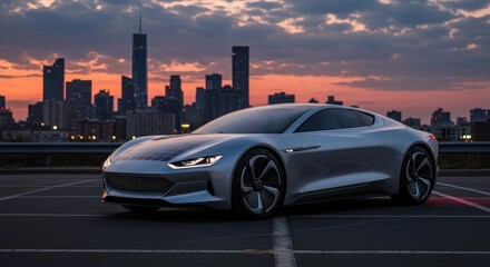 Silver electric car parked in front of a city skyline at sunset.