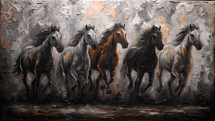 "Wild Gallop – Five Horses in Motion, Oil Painting"