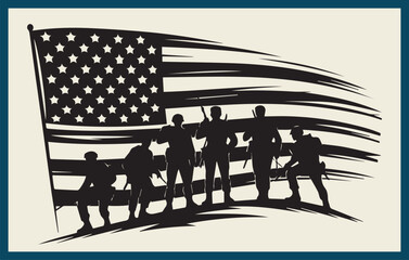 Patriotic Armed Forces Memorial Illustration, US Soldier with American flag Eagle Svg, Patriot flag Svg