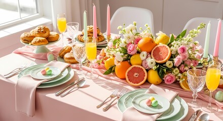 Fototapeta premium Elegant Easter Brunch Table Setting with Pastel Colors and Fresh Citrus