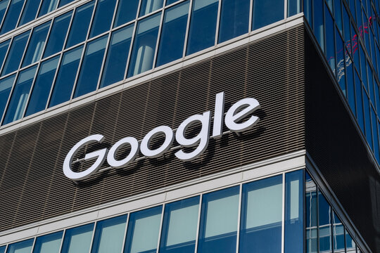 Warsaw, Poland - May 01, 2025: Google logo on building