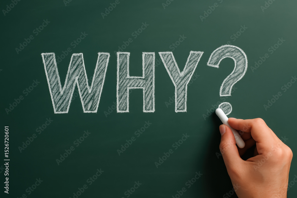Poster a writes a bold question on a dark chalkboard symbolizing inquiry and critical thinking in decision-