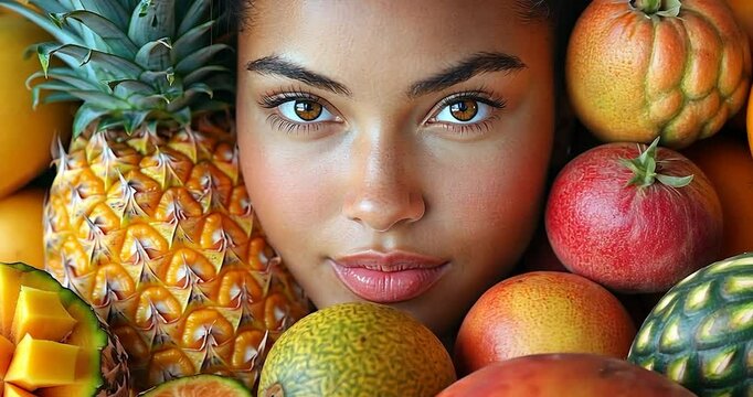 Portrait of a woman surrounded by fruits, with the face prominent, and the color scheme of the image is vivid and colorful
