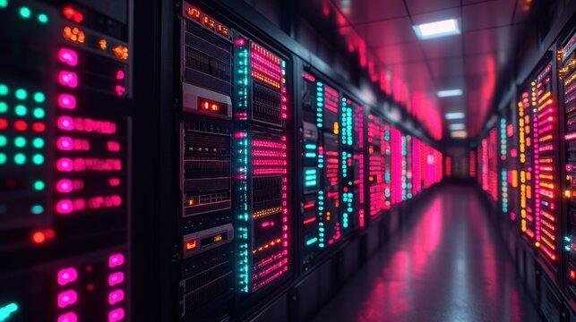 Server rack hallway lit by vibrant LEDs
