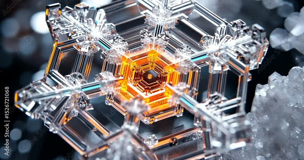 Poster close up image of snowflake, showing intricate crystal structure. the focus is on the center which i